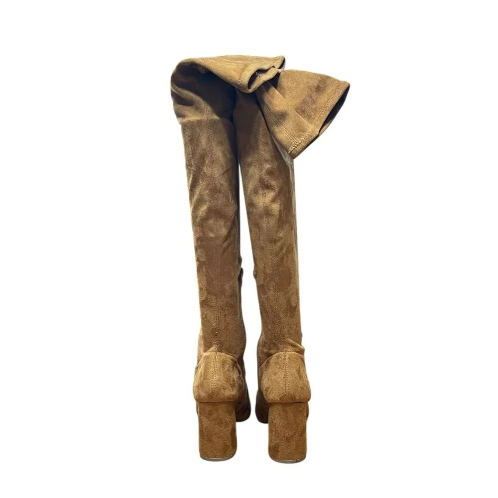 Steve Madden Tan Faux Suede Knee-High Boots 6.5M Pointed Toe Block Heel Side Zip